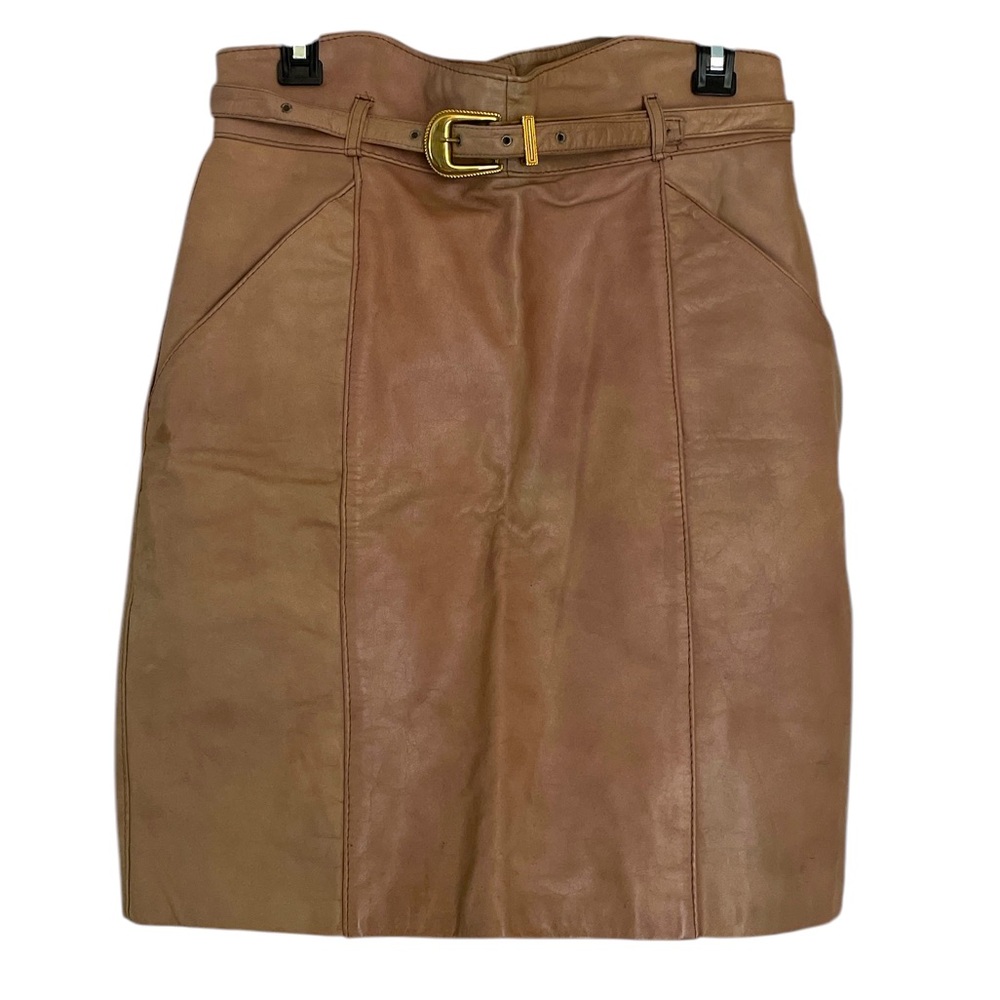 Vintage 70’s-80’s high waist leather nude/tan skirt with belt